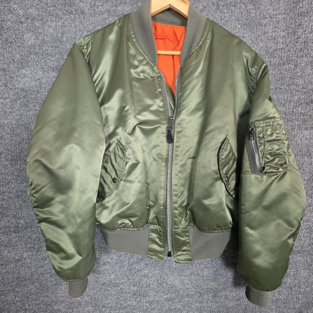 Vintage 80s USAF MA-1 Flight Bomber Jacket L Flyers Reversible Green Orange USA